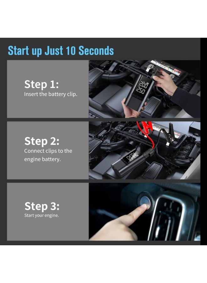 3700 Amp Car Jump Starter, Air Compressor, 10000 mAh Portable Battery & 150 PSI Tire Inflator - Complete Emergency Kit for Cars, SUVs & Trucks - Includes Smart Clamps, LED Light & Carrying Case. - Image 3